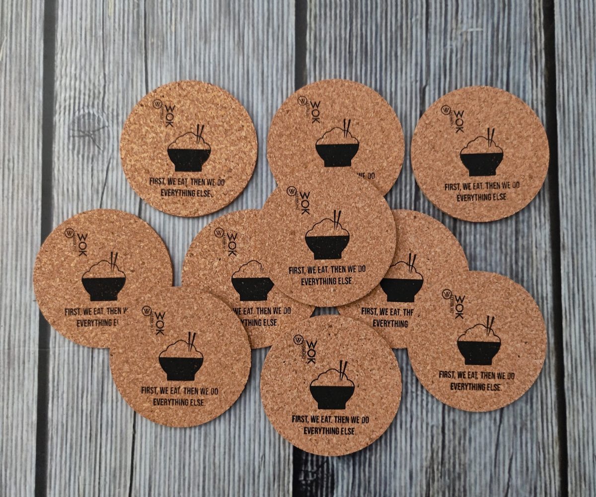 Printed cork coasters with bowl artwork