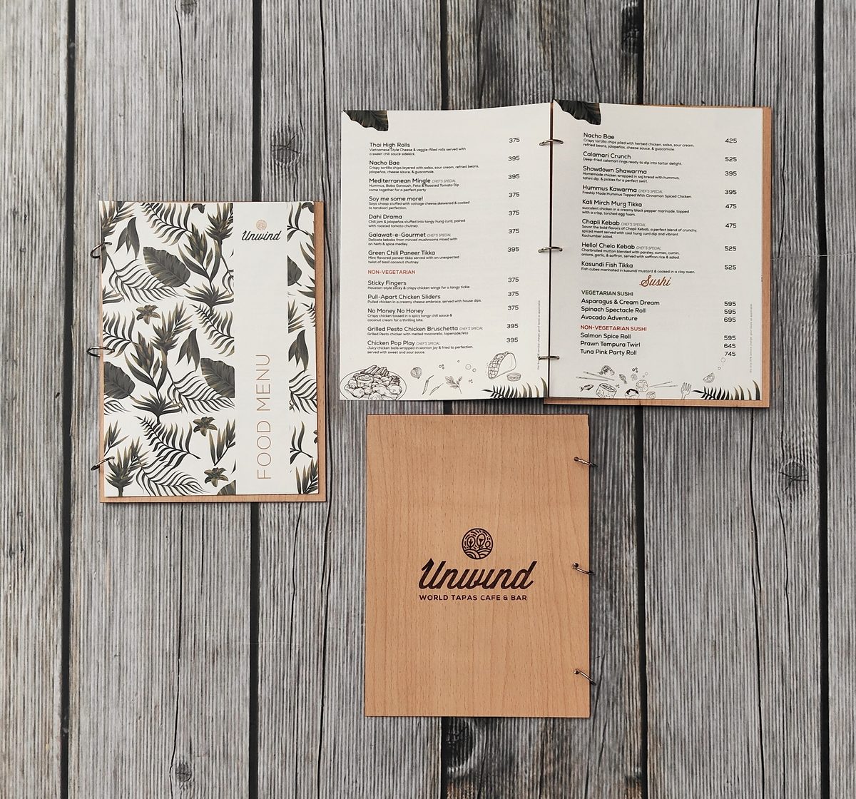 Custom printed menu booklets for Unwind cafe