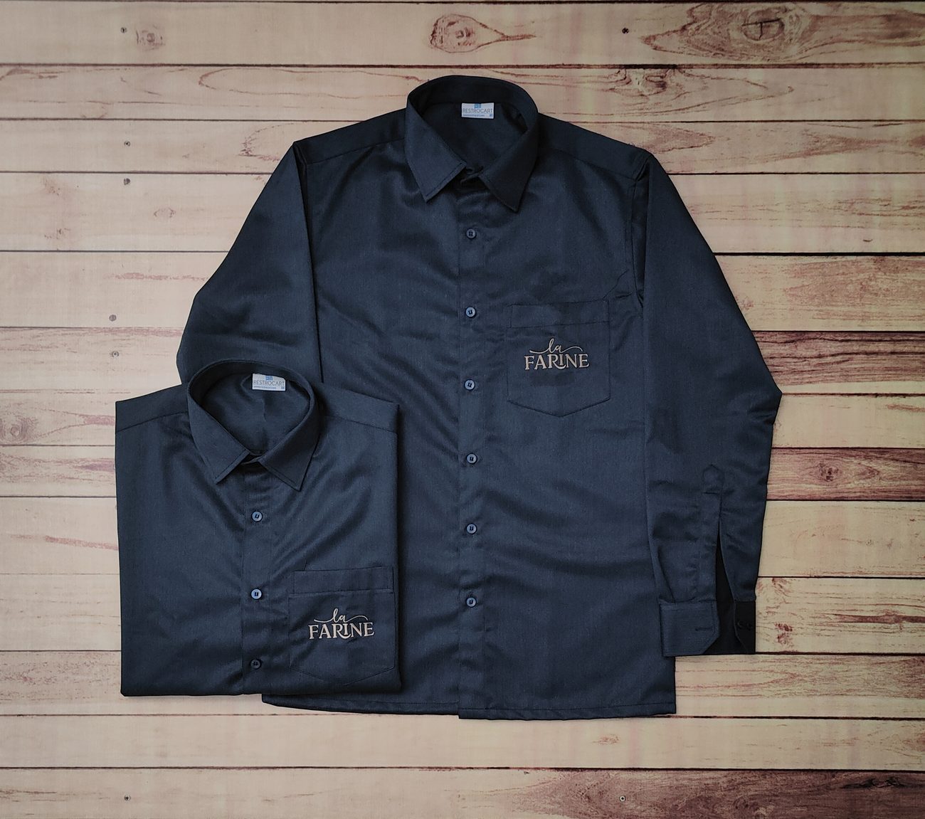 Custom denim uniform shirts with embroidered branding, restaurant denim uniforms by RestroCart