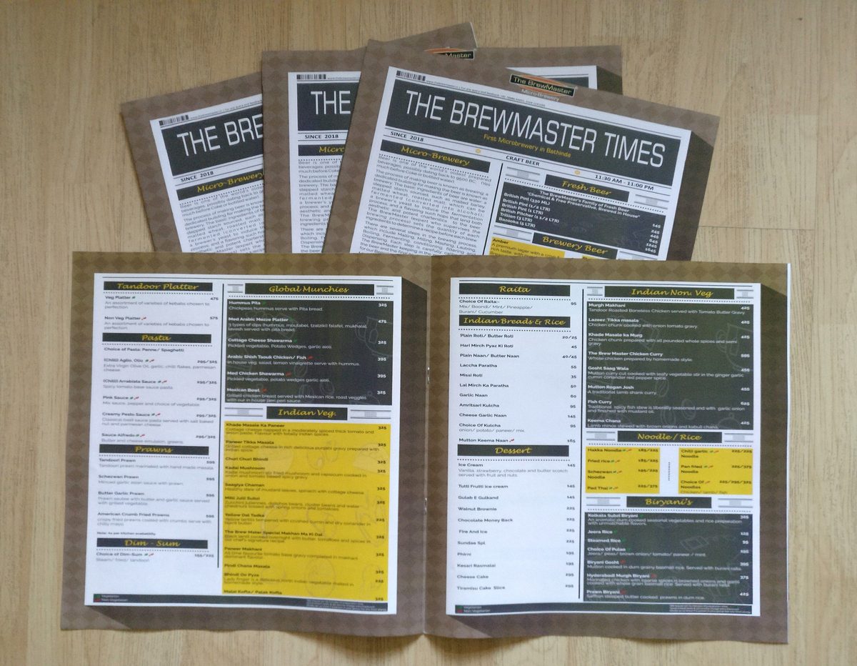 Newspaper-style menus for The Brewmaster, Bathinda