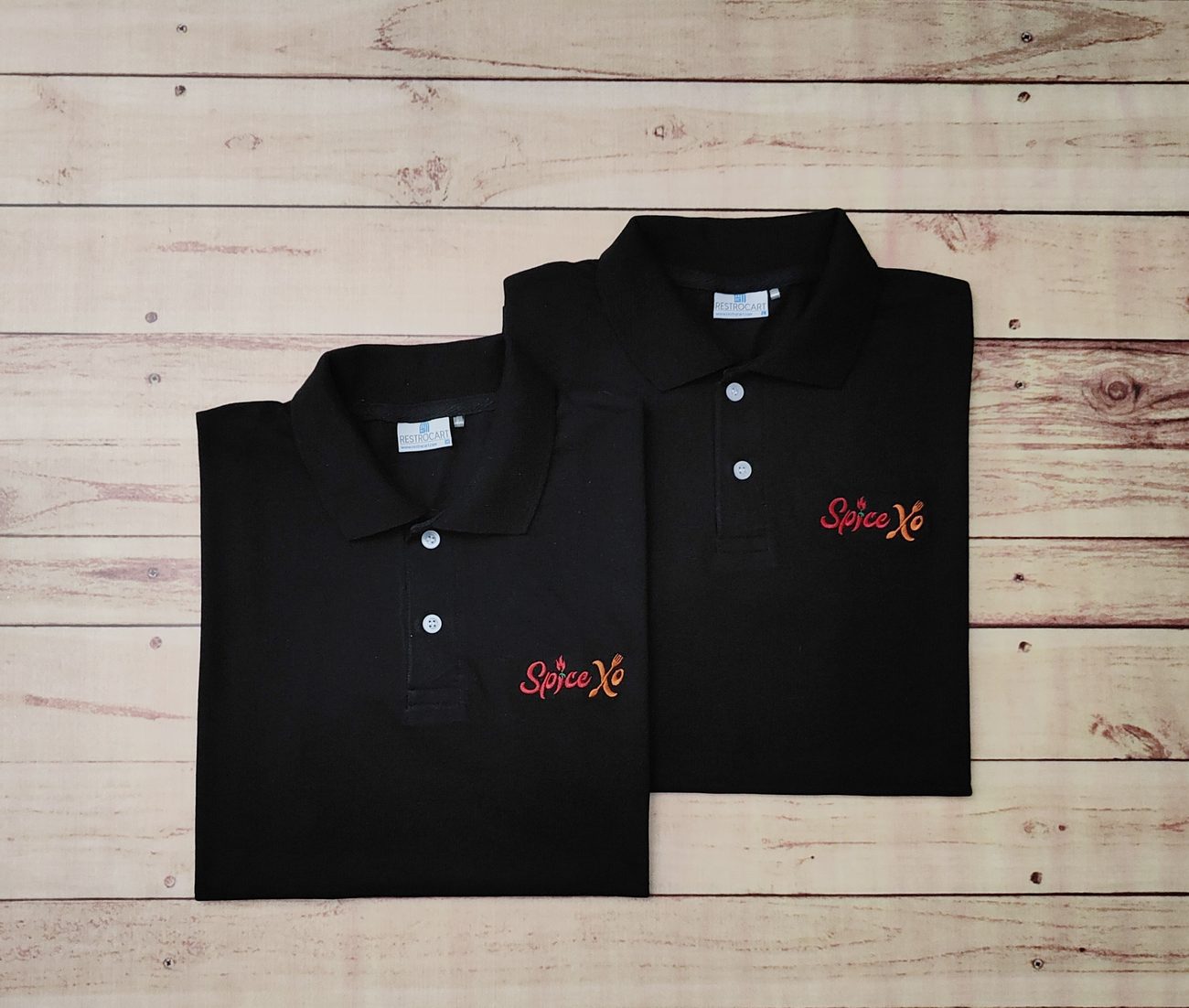 Custom polo t-shirt uniforms with contrast collar tipping, restaurant polos by RestroCart
