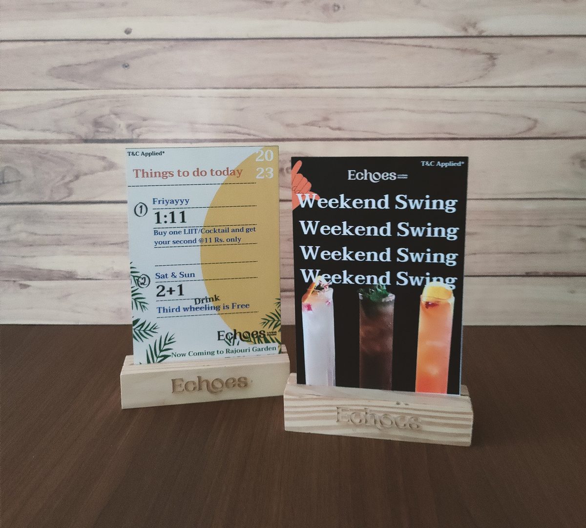 Tent cards on wooden stands for Eatopia