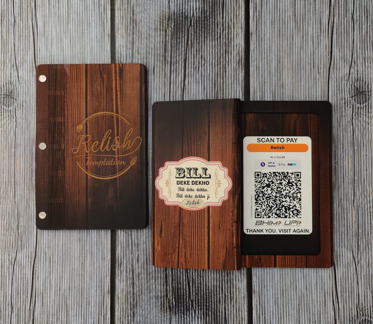 Wooden bill folder with QR code